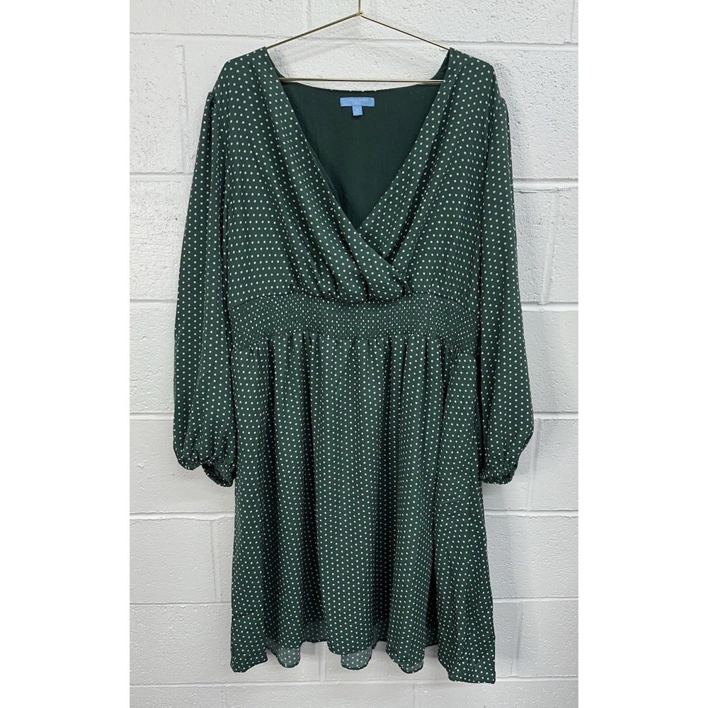 Draper James RSVP Mini Dress Green‎ Polka Dot Smocked / Women's 1X